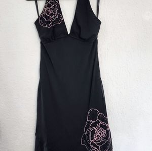 Bisou Bisou Black Halter Dress EuC Pink Florals Embroidered W Rhinestones Sz 14